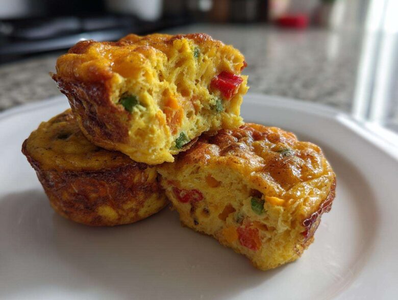 Three baked egg bites, one cut in half to show colorful vegetables inside, highlighting the amazing egg recipe.
