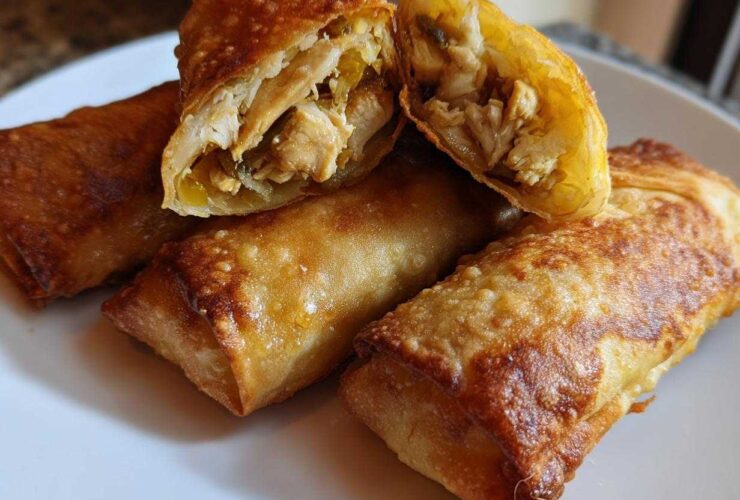 Close-up of four crispy, golden brown egg roll appetizers, one cut open revealing chicken filling.