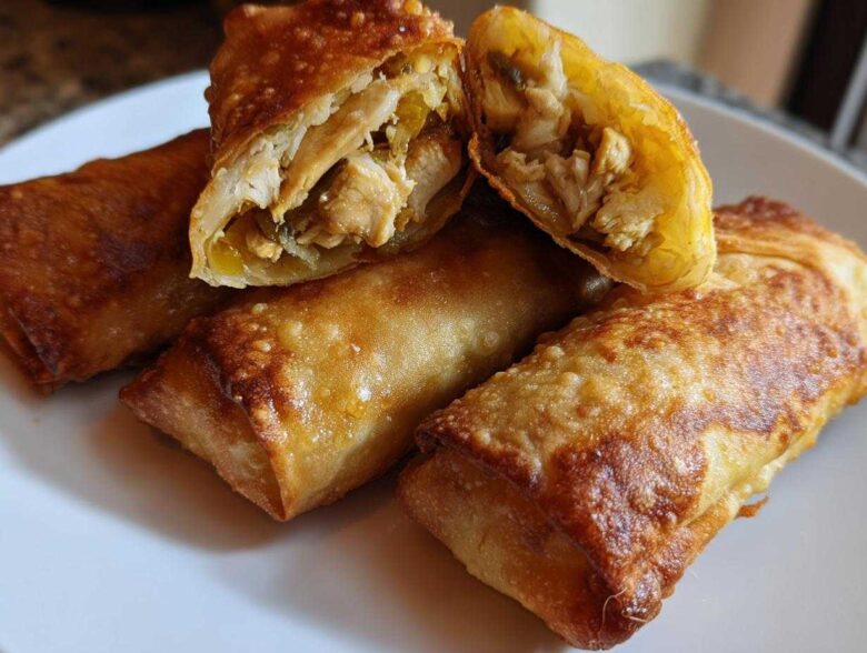 Close-up of four crispy, golden brown egg roll appetizers, one cut open revealing chicken filling.