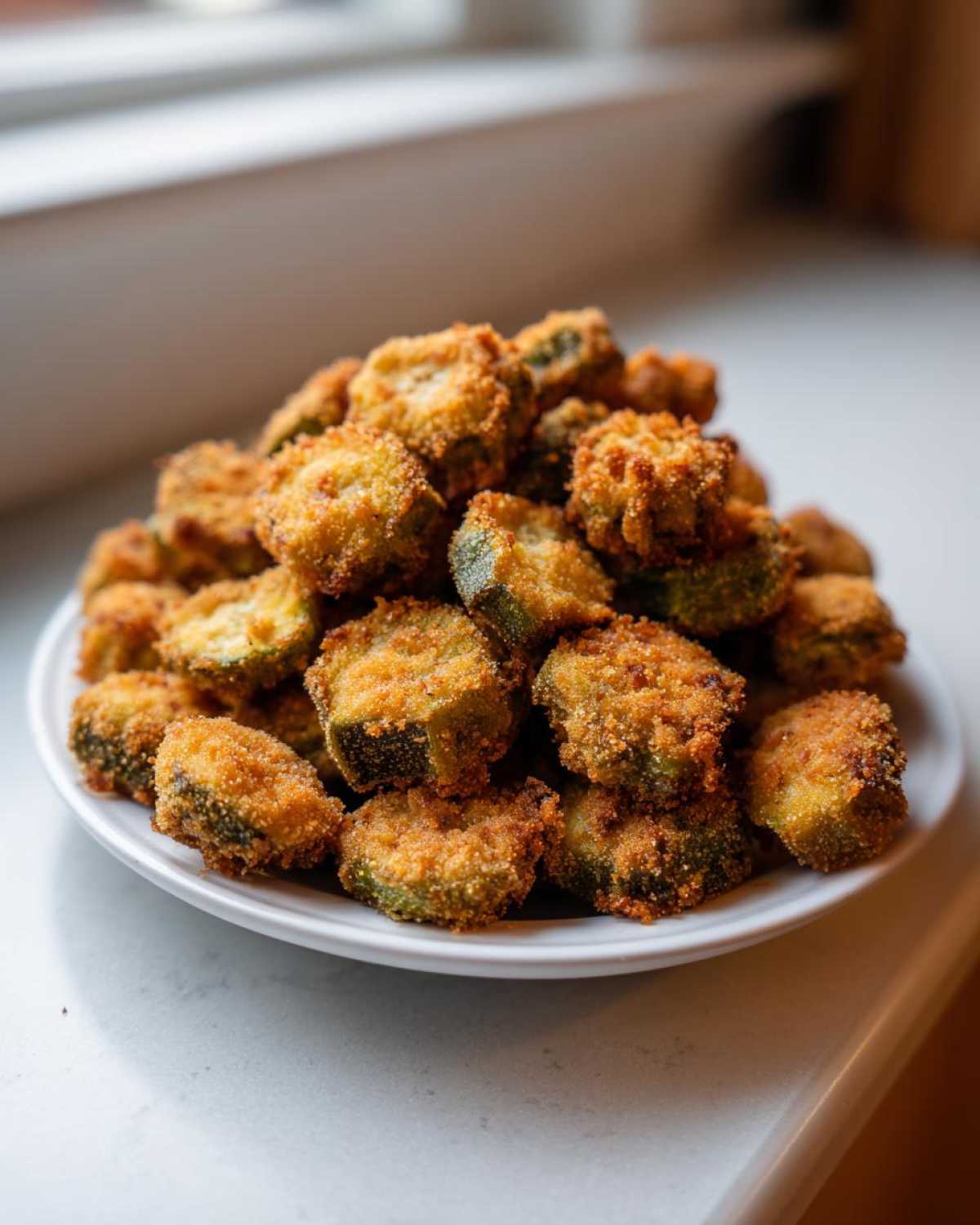 A mound of golden brown, perfectly crispy fried okra slices piled high on a white plate.