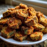 A generous mound of golden brown, crispy fried okra slices piled high on a white plate.