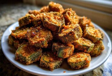 A generous mound of golden brown, crispy fried okra slices piled high on a white plate.