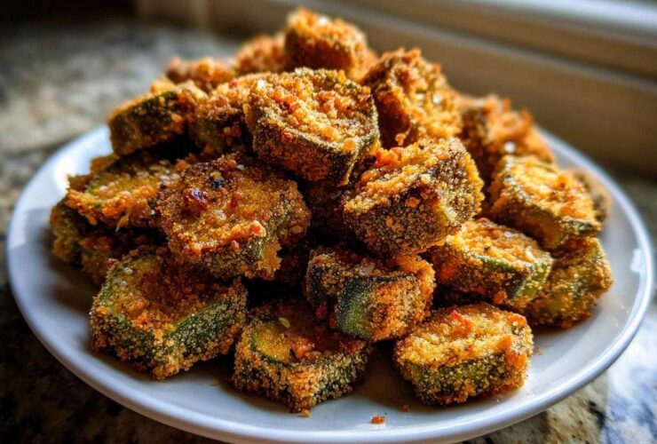 A generous mound of golden brown, crispy fried okra slices piled high on a white plate.