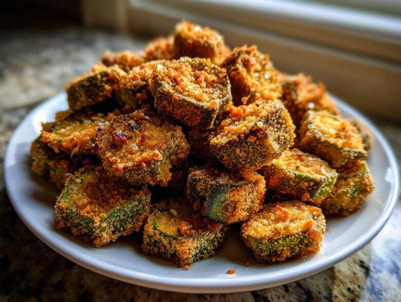 A generous mound of golden brown, crispy fried okra slices piled high on a white plate.