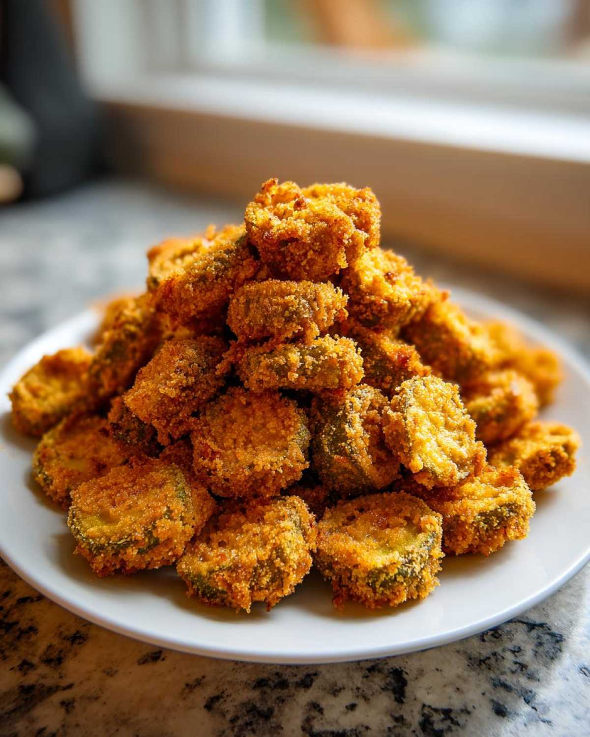 A large pile of perfectly golden and crispy fried okra slices stacked on a white plate.