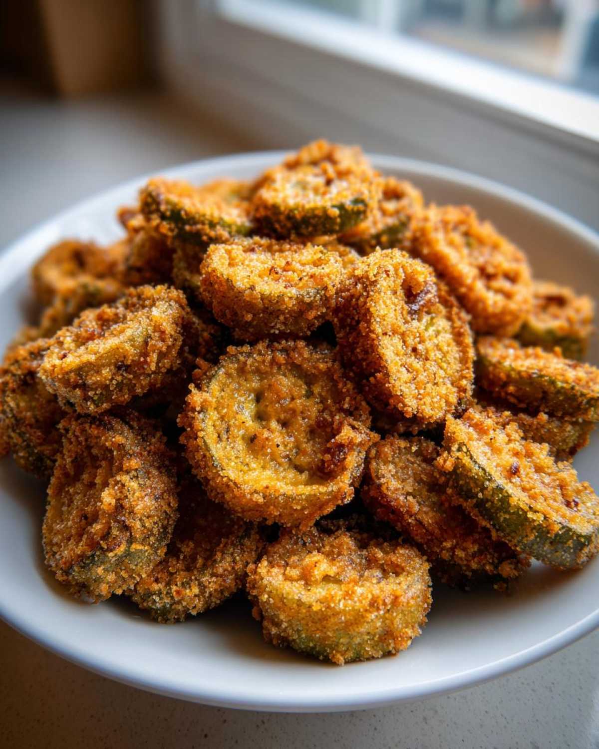 A close-up image of a pile of golden brown, crispy fried okra slices served in a white bowl.