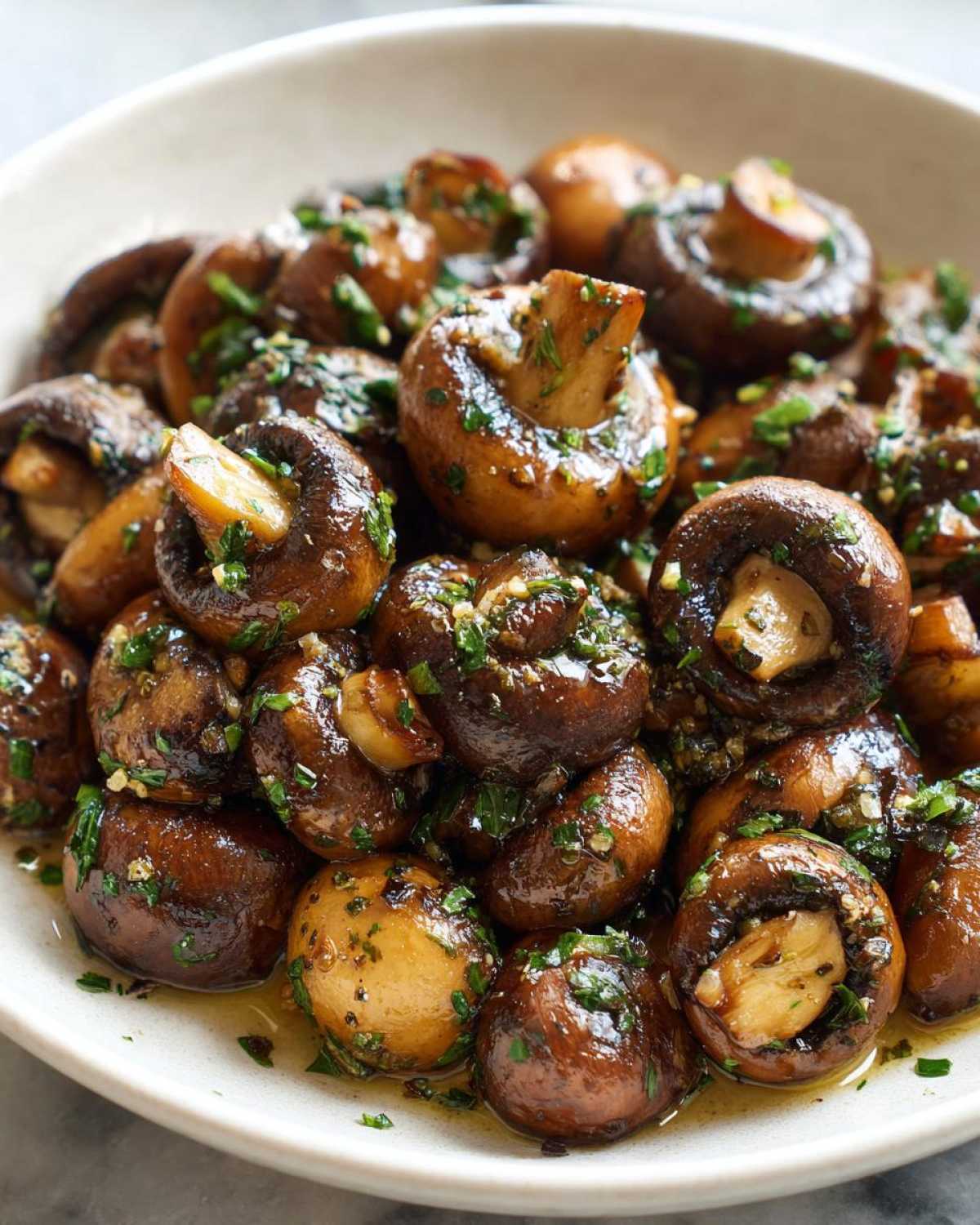 A close-up of whole, sautéed garlic butter mushrooms glistening in sauce and topped with fresh parsley.