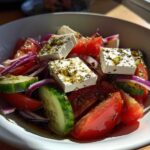 Close-up of a vibrant greek salad featuring large chunks of feta cheese, tomatoes, cucumbers, and red onion drizzled with oil and herbs.