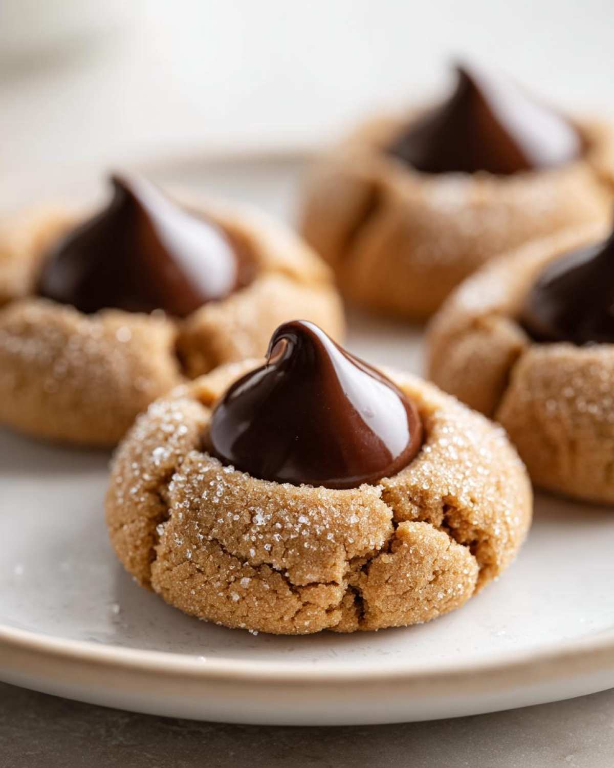 Close-up of a sugar-coated peanut butter kiss cookie topped with a shiny chocolate candy.