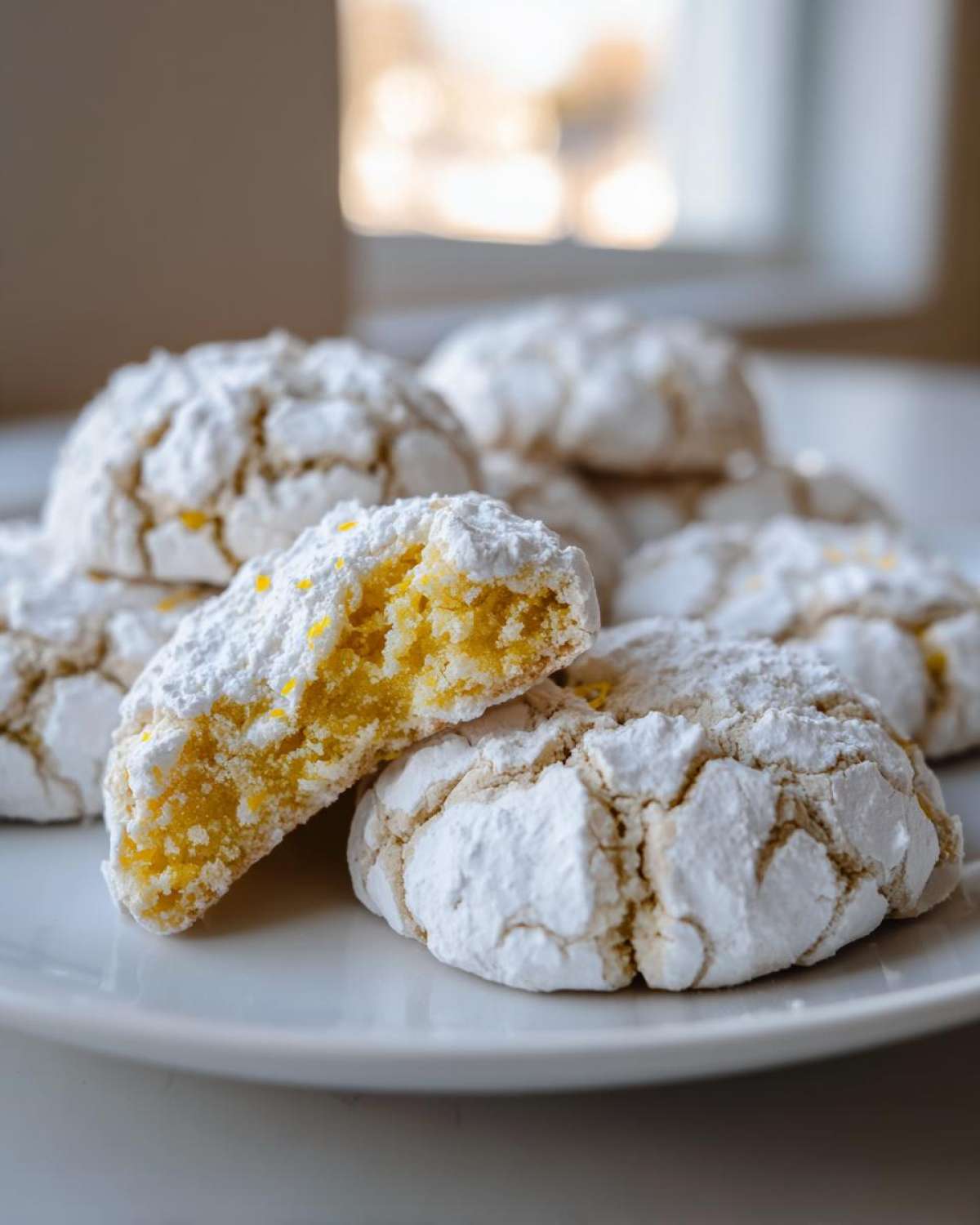 Close-up of soft lemon crinkle cookies, one broken in half showing the bright yellow interior.