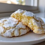 Two soft lemon crinkle cookies, one broken in half to show the chewy interior, dusted heavily with powdered sugar.