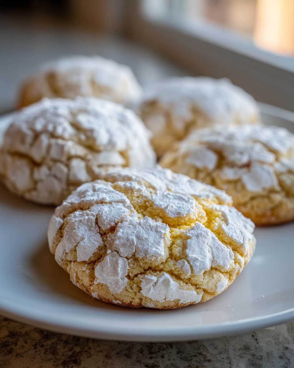 Close-up of several bright yellow lemon crinkle cookies heavily dusted with white powdered sugar, resting on a white plate.