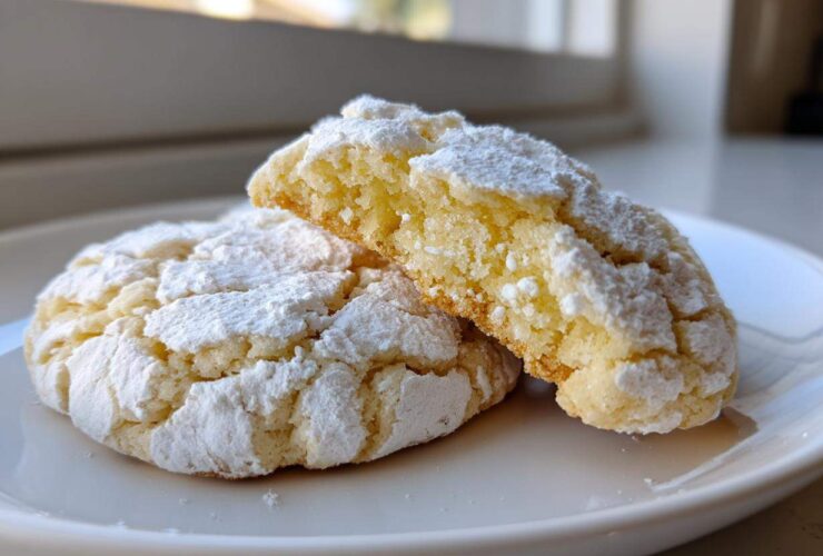 Two soft lemon crinkle cookies, one broken in half to show the chewy interior, dusted heavily with powdered sugar.