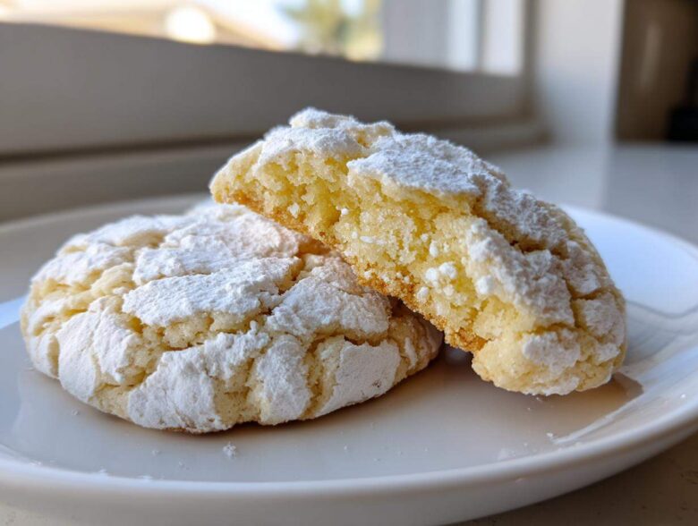 Two soft lemon crinkle cookies, one broken in half to show the chewy interior, dusted heavily with powdered sugar.