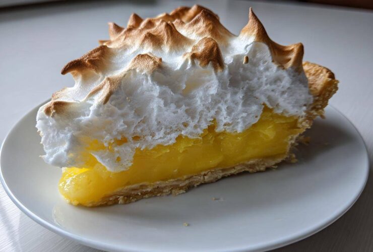 A close-up of a slice of amazing lemon meringue pie showing bright yellow filling and tall, toasted meringue peaks.
