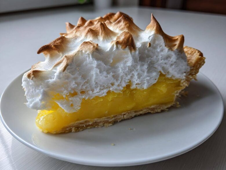 A close-up of a slice of amazing lemon meringue pie showing bright yellow filling and tall, toasted meringue peaks.
