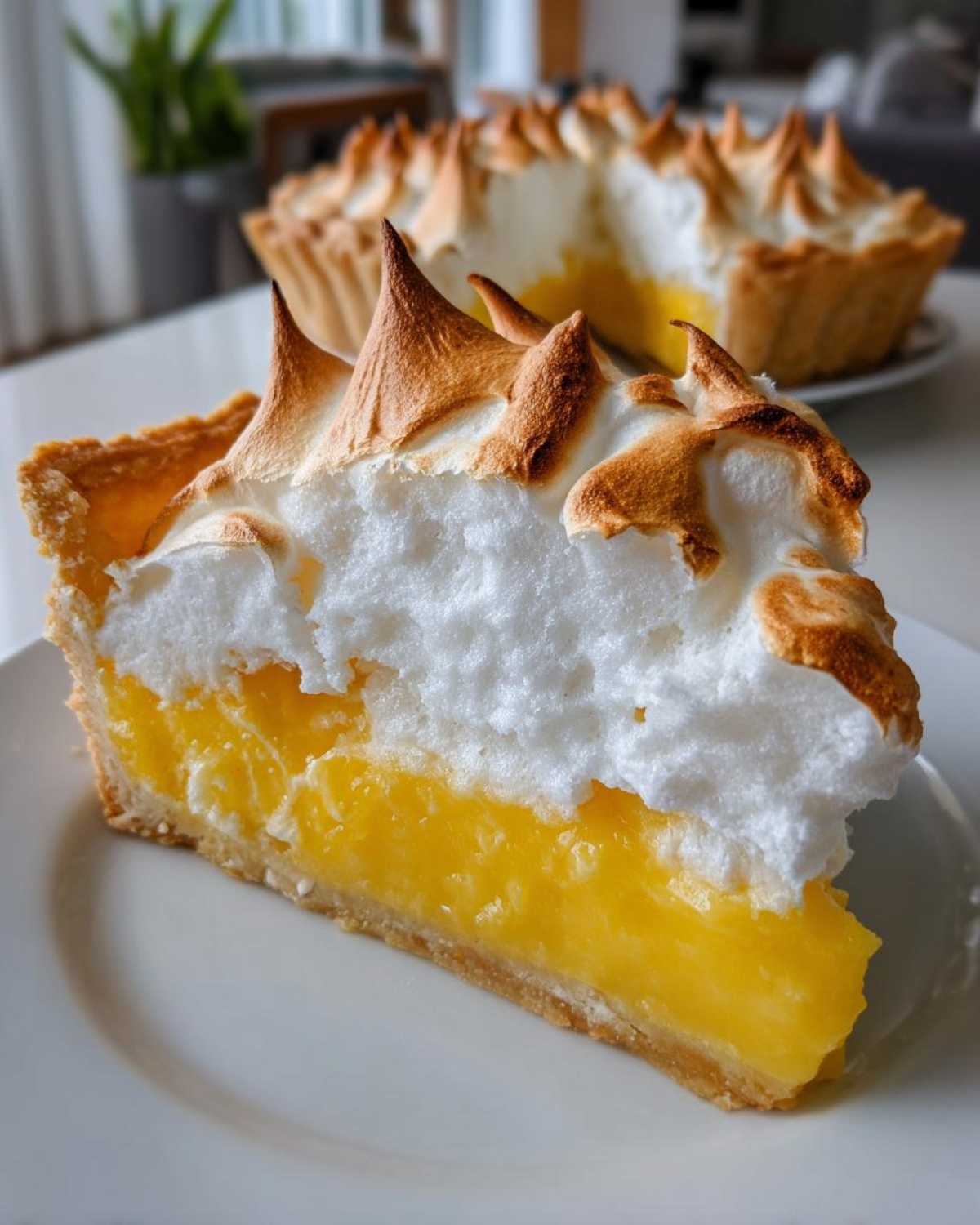 A close-up slice of amazing lemon meringue pie showing thick yellow curd and toasted meringue peaks.