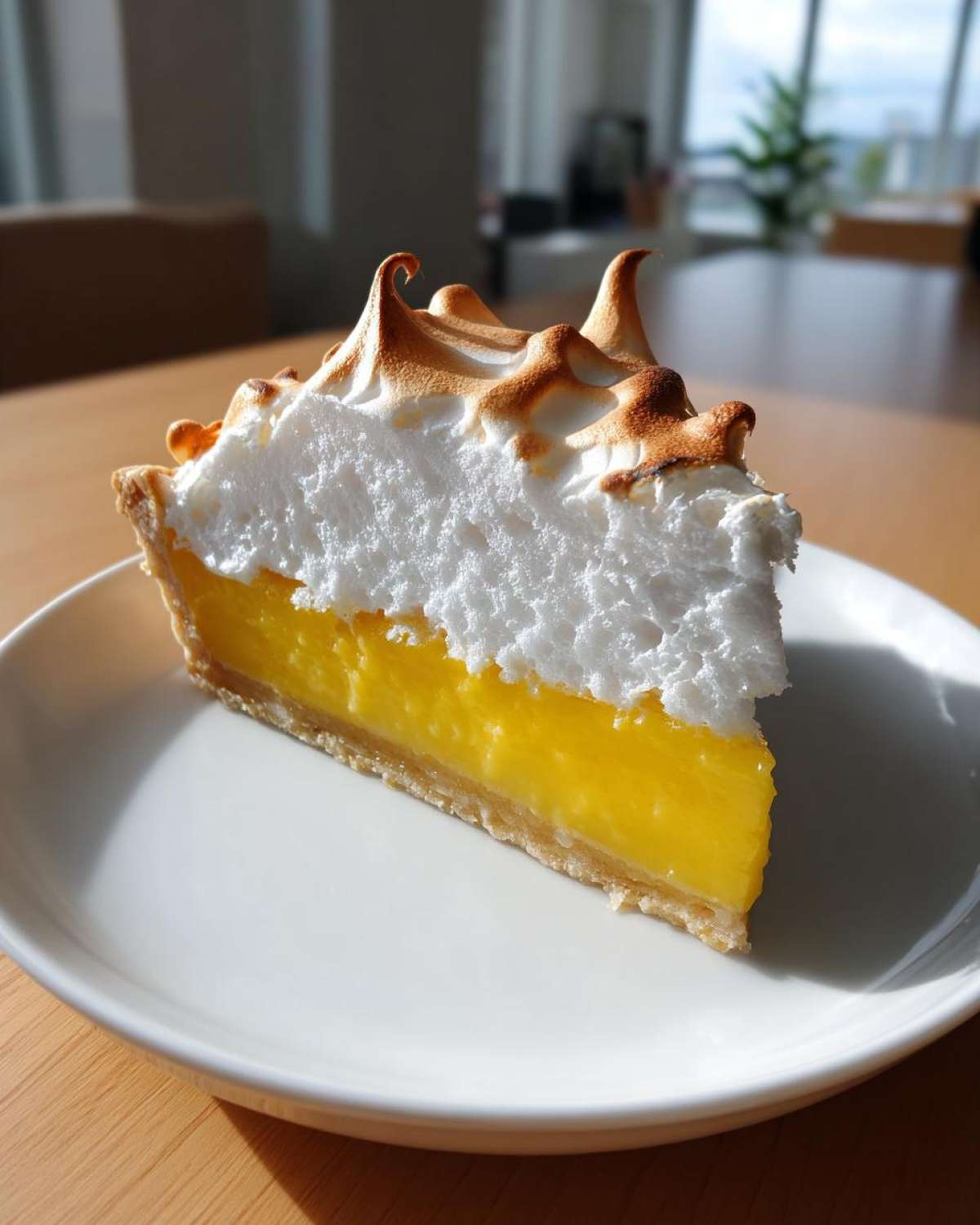 A perfect slice of amazing lemon meringue pie showing bright yellow curd and fluffy, torched meringue peaks.
