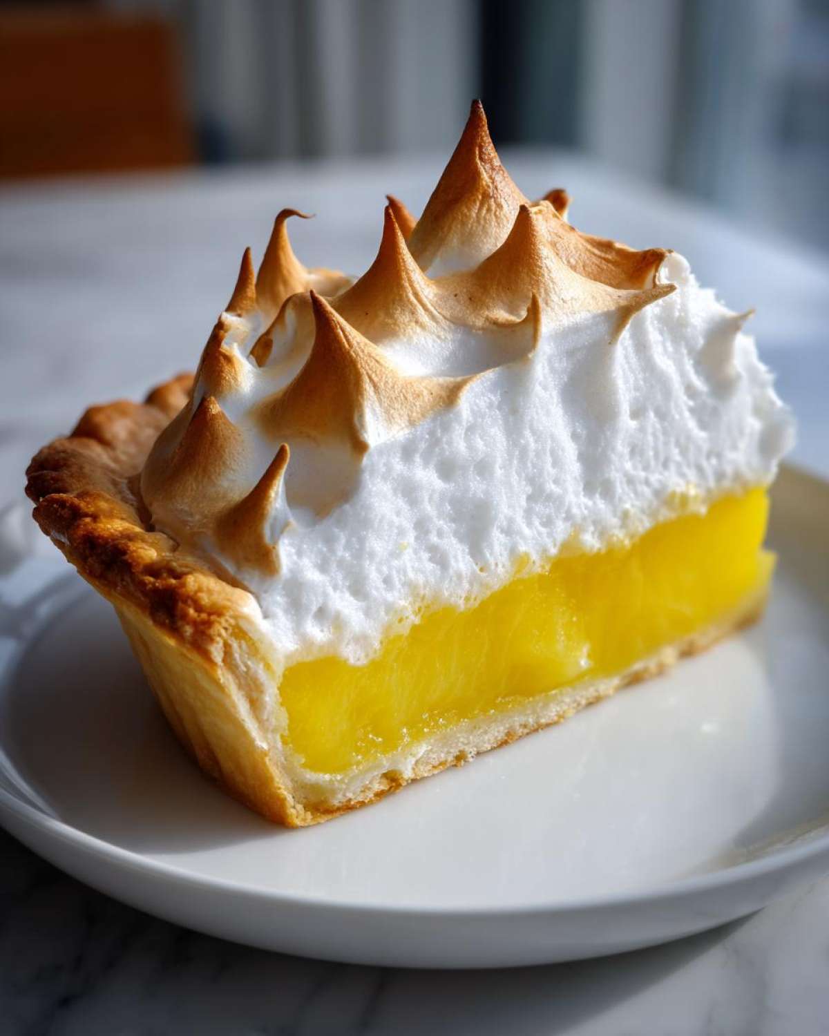 A perfect slice of lemon meringue pie showing bright yellow filling, flaky crust, and tall, torched meringue peaks.
