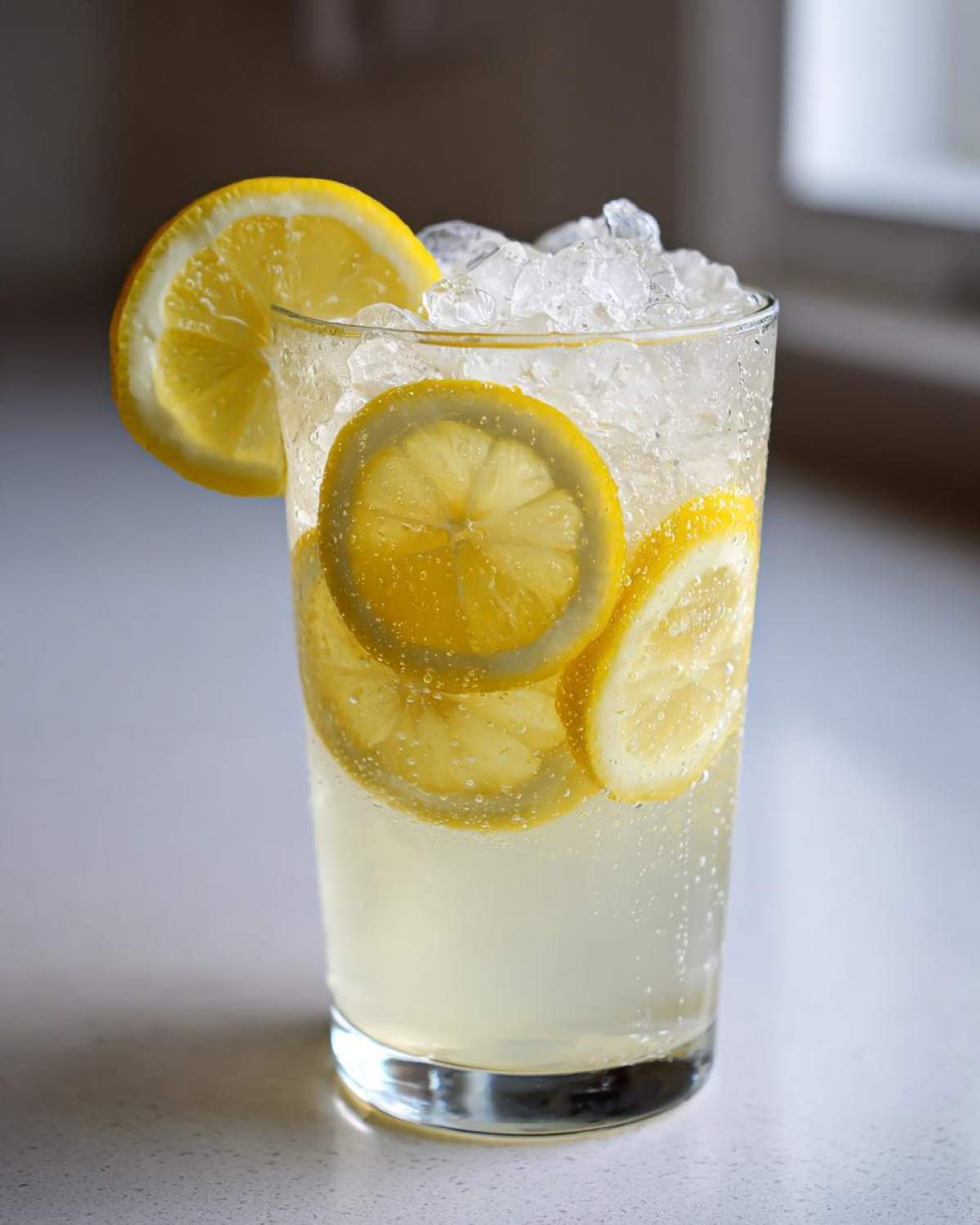 Close-up of a tall glass filled with sparkling lemonade, crushed ice, and fresh lemon slices.