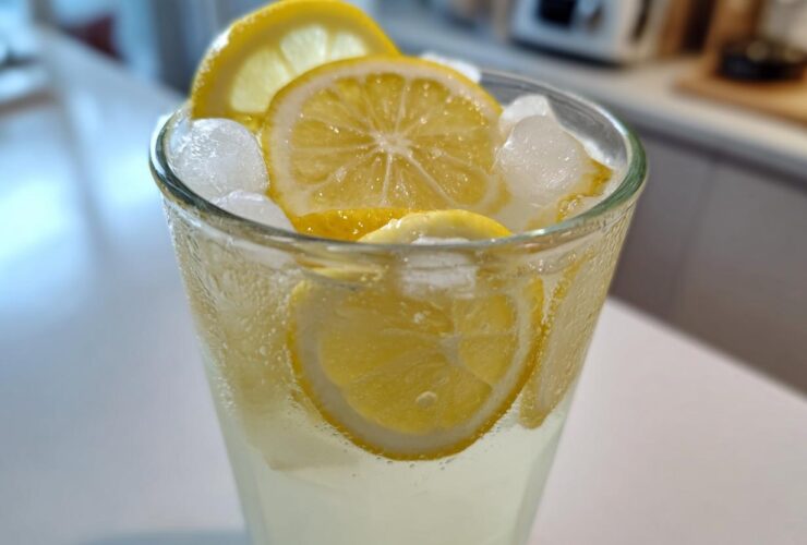 Close-up of a tall, sweating glass filled with homemade lemonade, ice cubes, and fresh lemon slices.