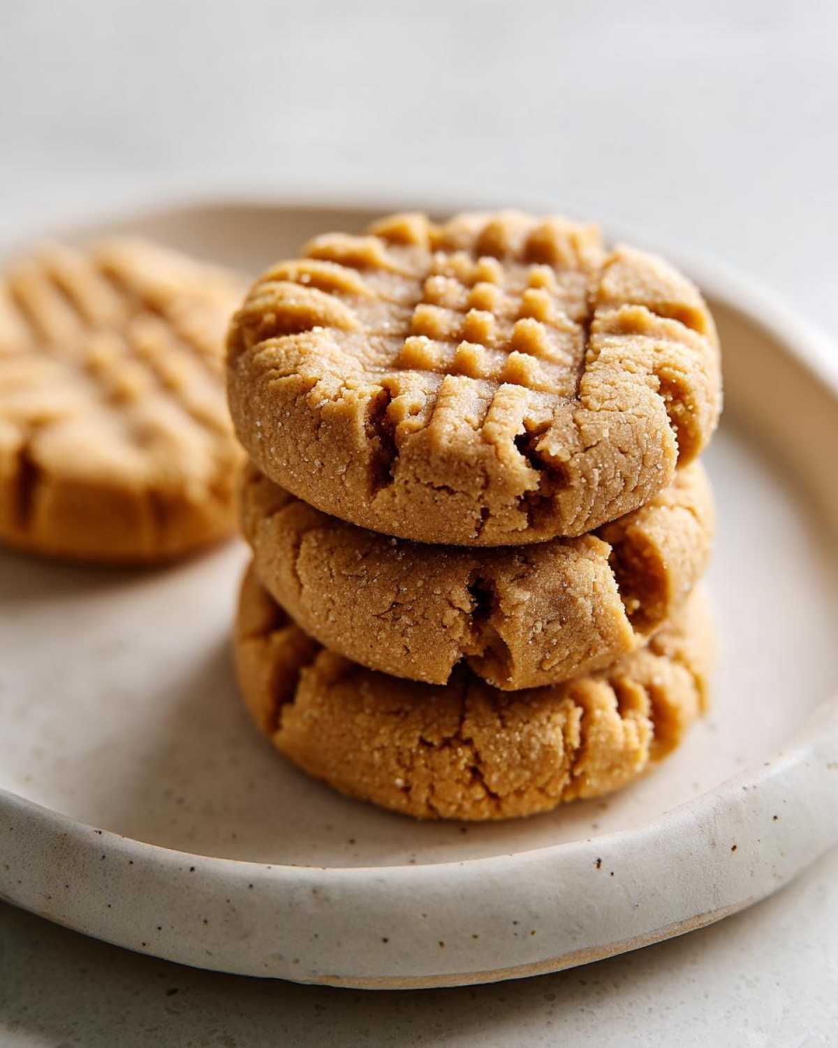A stack of three classic peanut butter cookies showing the traditional crisscross fork pattern.