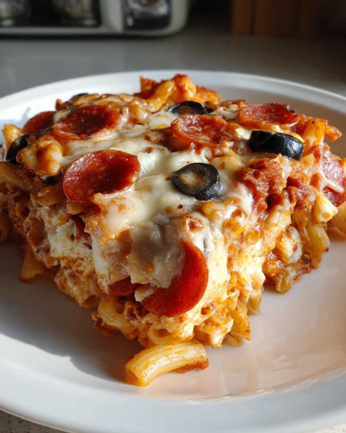 A close-up of a serving of baked pizza pasta topped with melted mozzarella, pepperoni, and black olives.