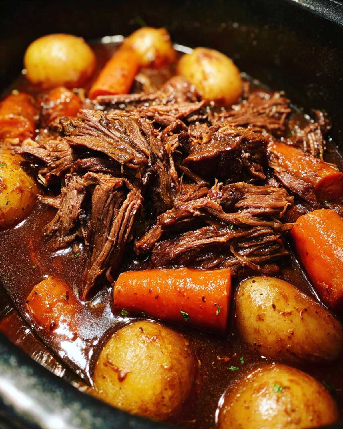 Close-up of tender, shredded pot roast surrounded by whole potatoes and large carrot chunks in rich gravy.