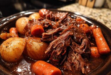 Close-up of shredded, tender pot roast served with whole carrots and potatoes in a rich brown gravy.