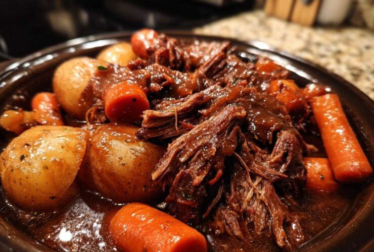 Close-up of shredded, tender pot roast served with whole carrots and potatoes in a rich brown gravy.