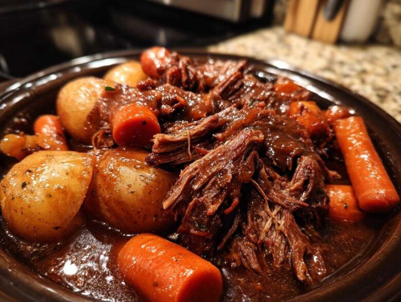 Close-up of shredded, tender pot roast served with whole carrots and potatoes in a rich brown gravy.