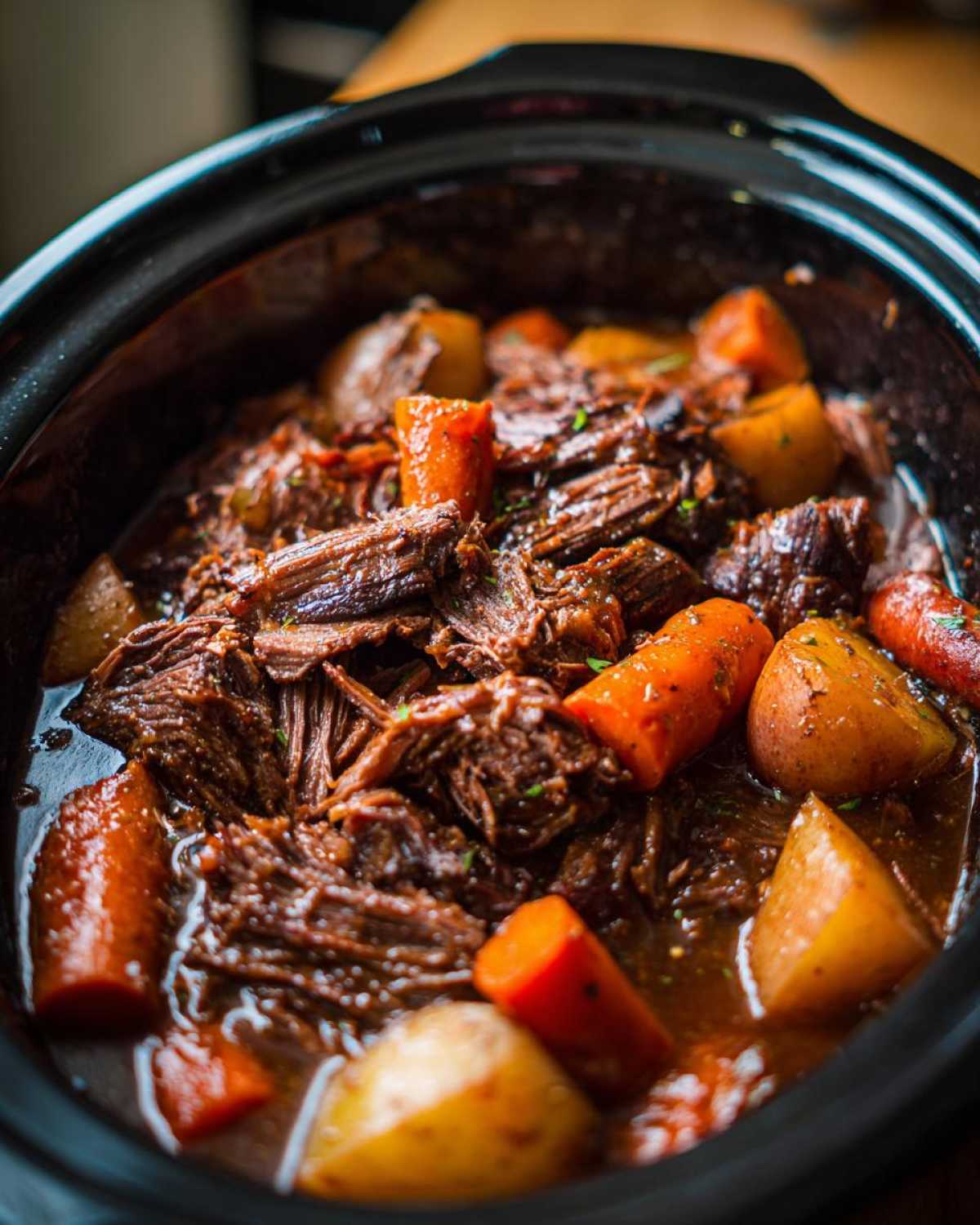 Close-up of tender, shredded pot roast cooked with chunks of carrots and potatoes in a rich brown sauce inside a black slow cooker.