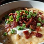Close-up of a hearty bowl of creamy potato soup recipe, garnished generously with crispy bacon bits and fresh green onions.