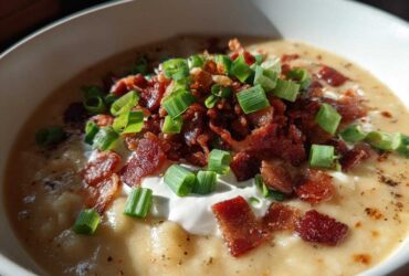 Close-up of a hearty bowl of creamy potato soup recipe, garnished generously with crispy bacon bits and fresh green onions.