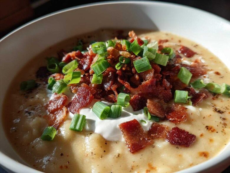Close-up of a hearty bowl of creamy potato soup recipe, garnished generously with crispy bacon bits and fresh green onions.