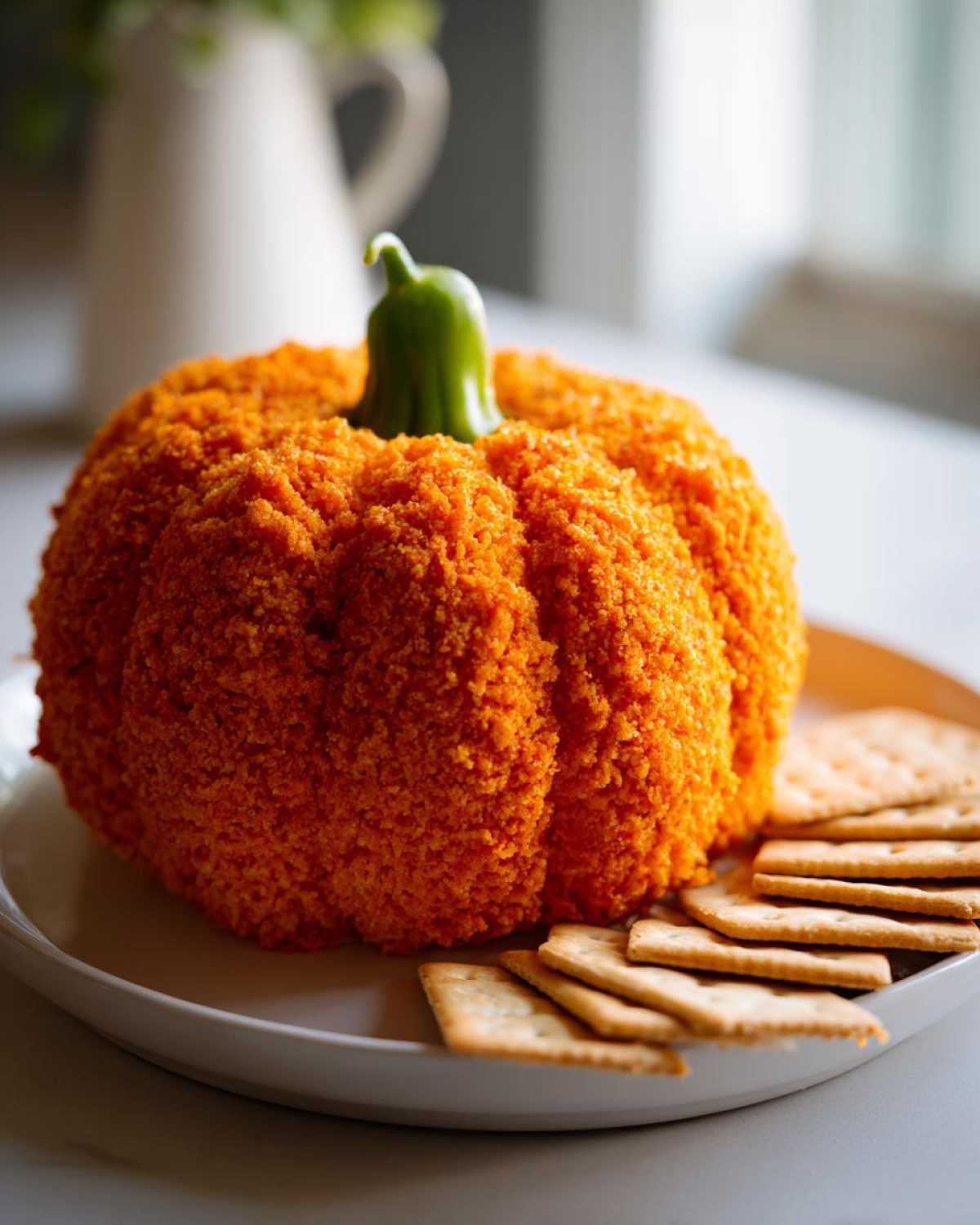 A vibrant orange pumpkin cheese ball shaped like a pumpkin with a green stem, served with crackers.