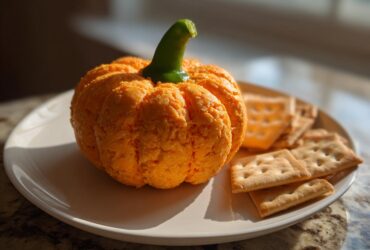 An amazing pumpkin cheese ball shaped like a small pumpkin, served with crackers on a white plate.