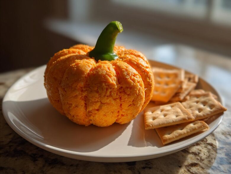 An amazing pumpkin cheese ball shaped like a small pumpkin, served with crackers on a white plate.