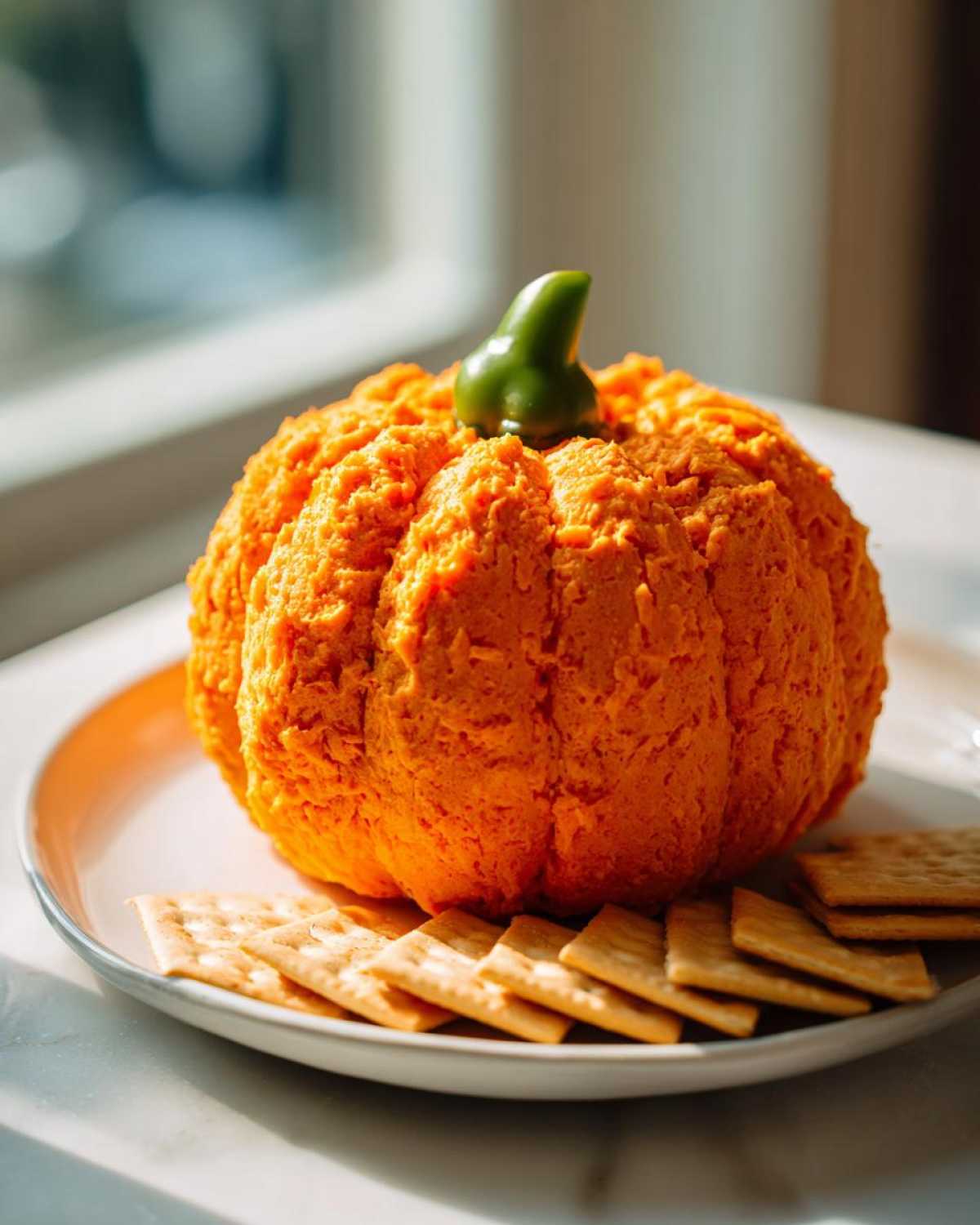 A vibrant orange pumpkin cheese ball shaped like a small pumpkin, topped with a green pepper stem, served with crackers.