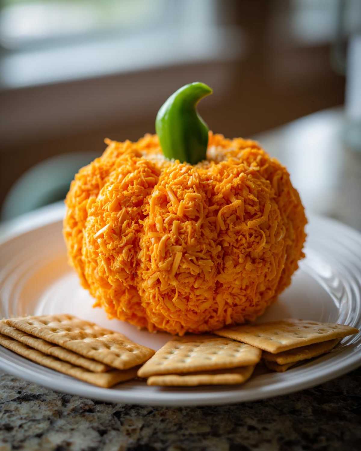 A festive pumpkin cheese ball covered in shredded orange cheese, served with crackers on a white plate.
