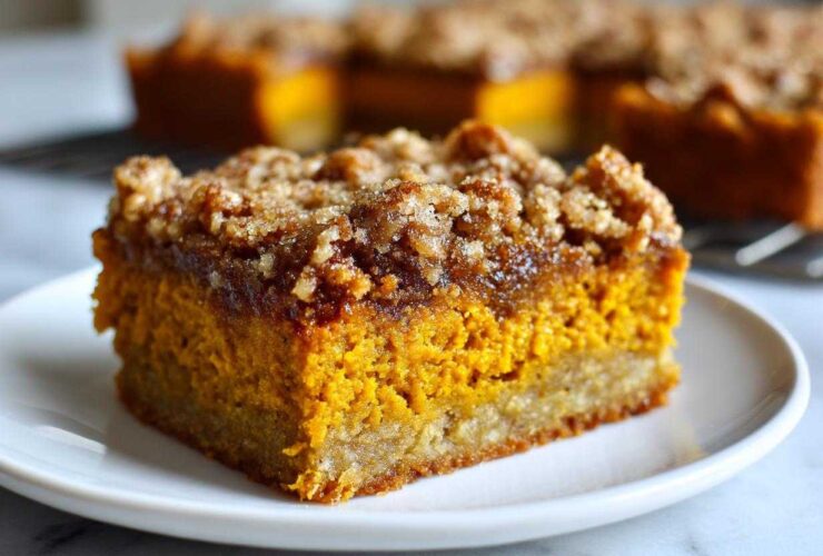 Close-up of a square slice of amazing pumpkin crunch cake with a thick, sugary crumb topping.