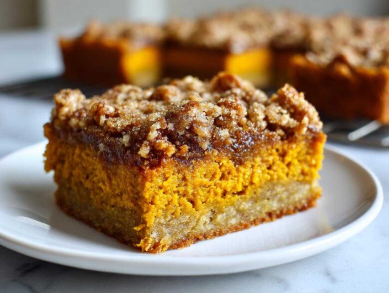 Close-up of a square slice of amazing pumpkin crunch cake with a thick, sugary crumb topping.