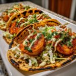 Close-up of a row of perfectly seasoned shrimp taco shells filled with blackened shrimp, slaw, and drizzled with white sauce.