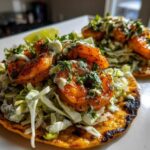 Two delicious shrimp taco on charred corn tortillas topped with cabbage slaw, creamy sauce, and cilantro.
