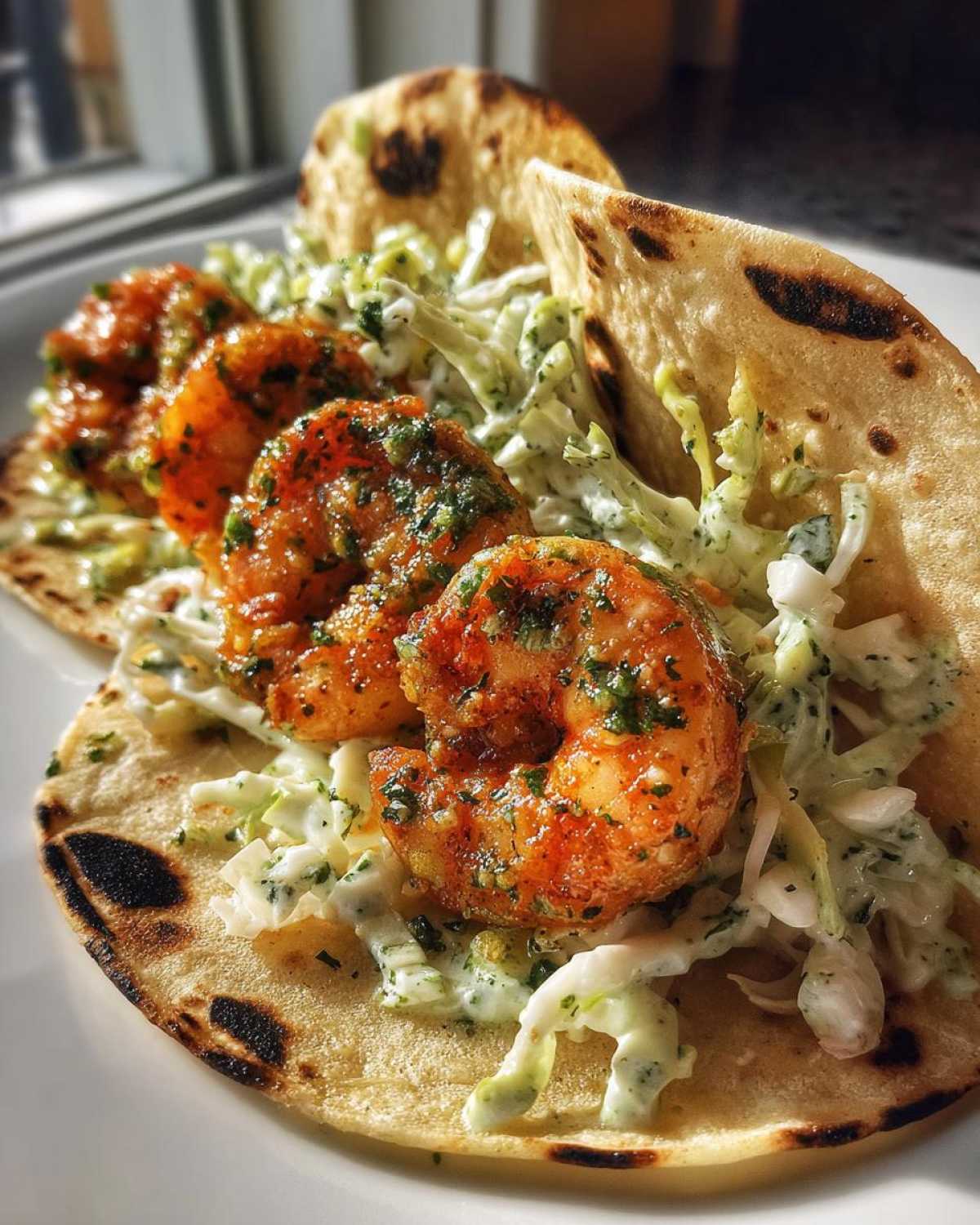 Close-up of a delicious shrimp taco featuring seasoned shrimp, creamy slaw, and a charred tortilla.