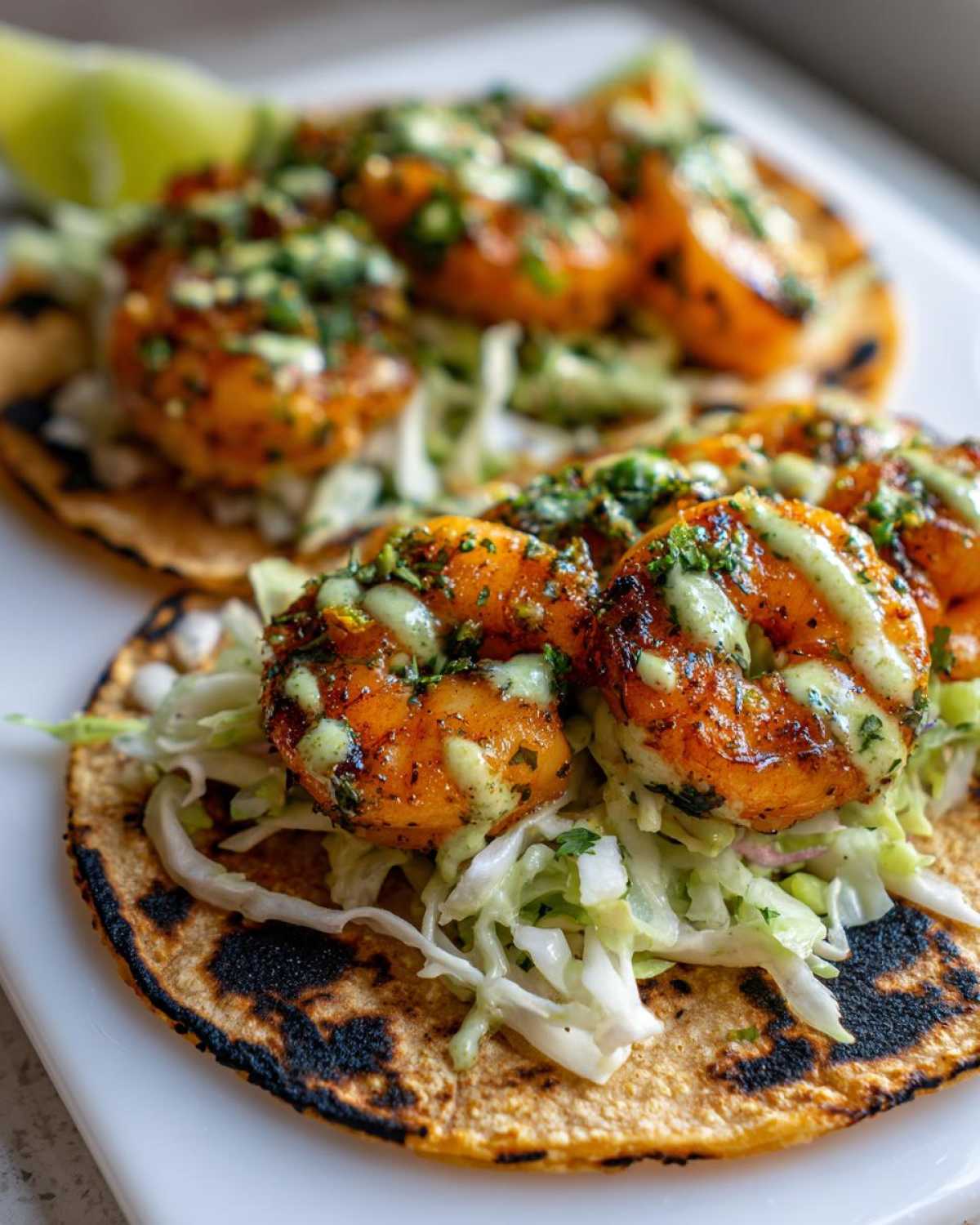 Close-up of a delicious shrimp taco featuring charred tortilla, shredded cabbage, and seasoned shrimp topped with green sauce.