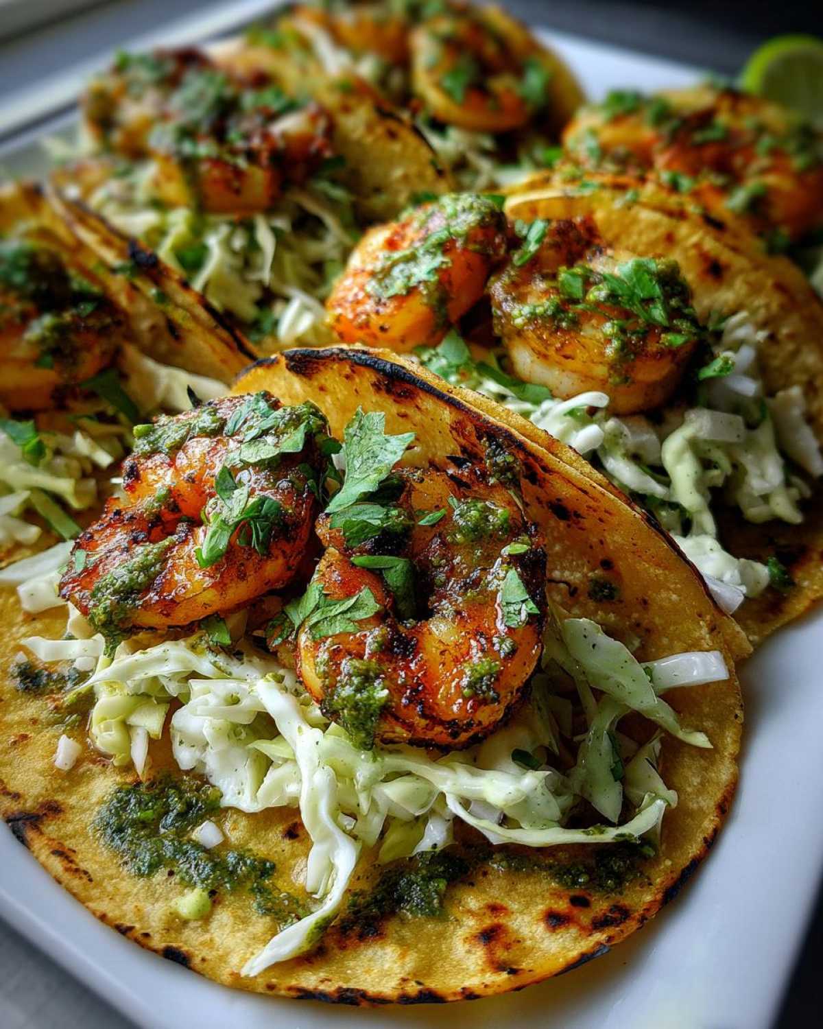 Close-up of a delicious shrimp taco featuring grilled shrimp, shredded cabbage, and green cilantro sauce on a charred tortilla.