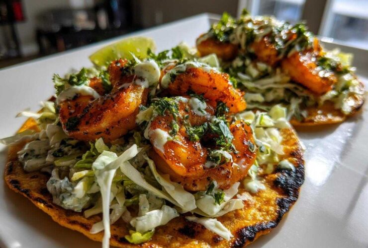 Two delicious shrimp taco on charred corn tortillas topped with cabbage slaw, creamy sauce, and cilantro.