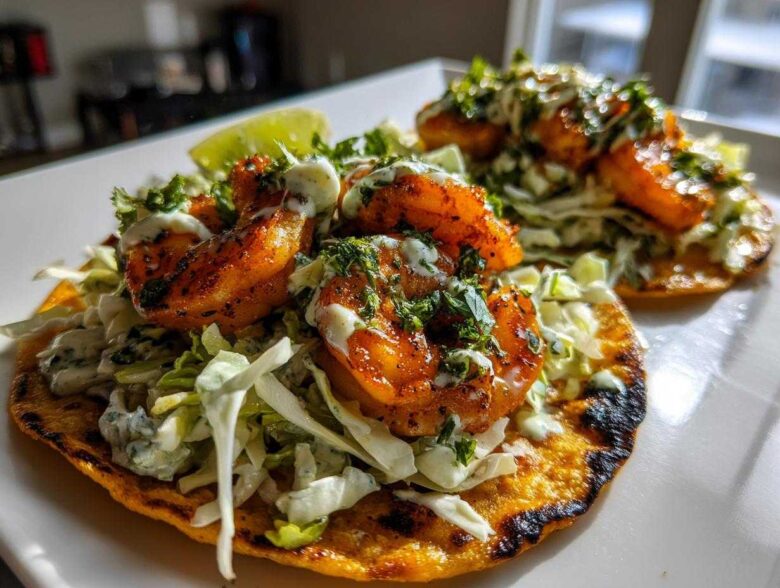Two delicious shrimp taco on charred corn tortillas topped with cabbage slaw, creamy sauce, and cilantro.