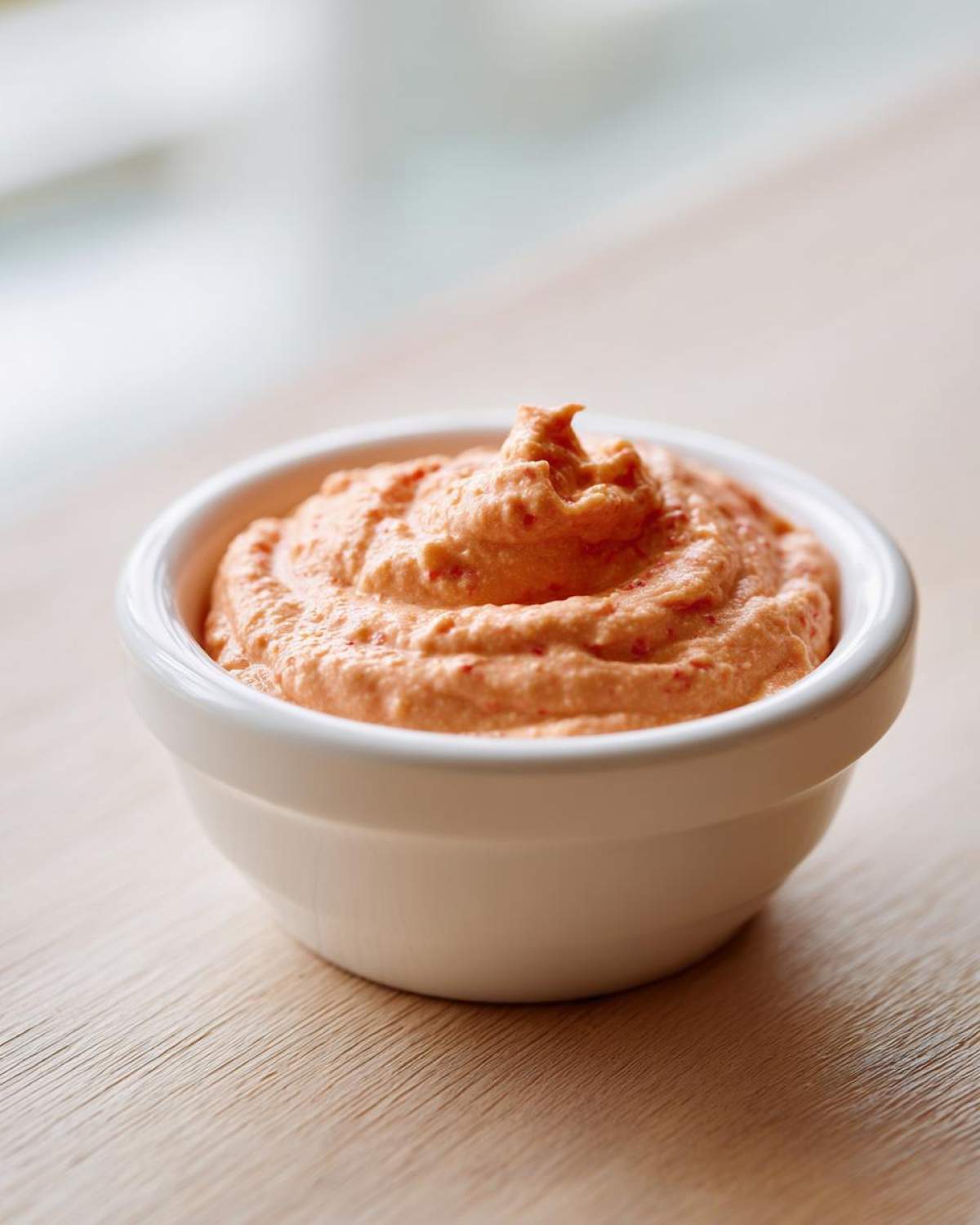 Close-up of a small white bowl filled with creamy, orange-hued smash burger sauce.